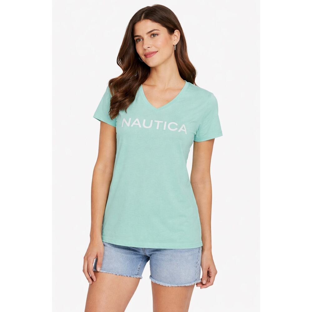 Nautica V Neck Tee Women L Seafoam Green Cotton Summer Top NWT